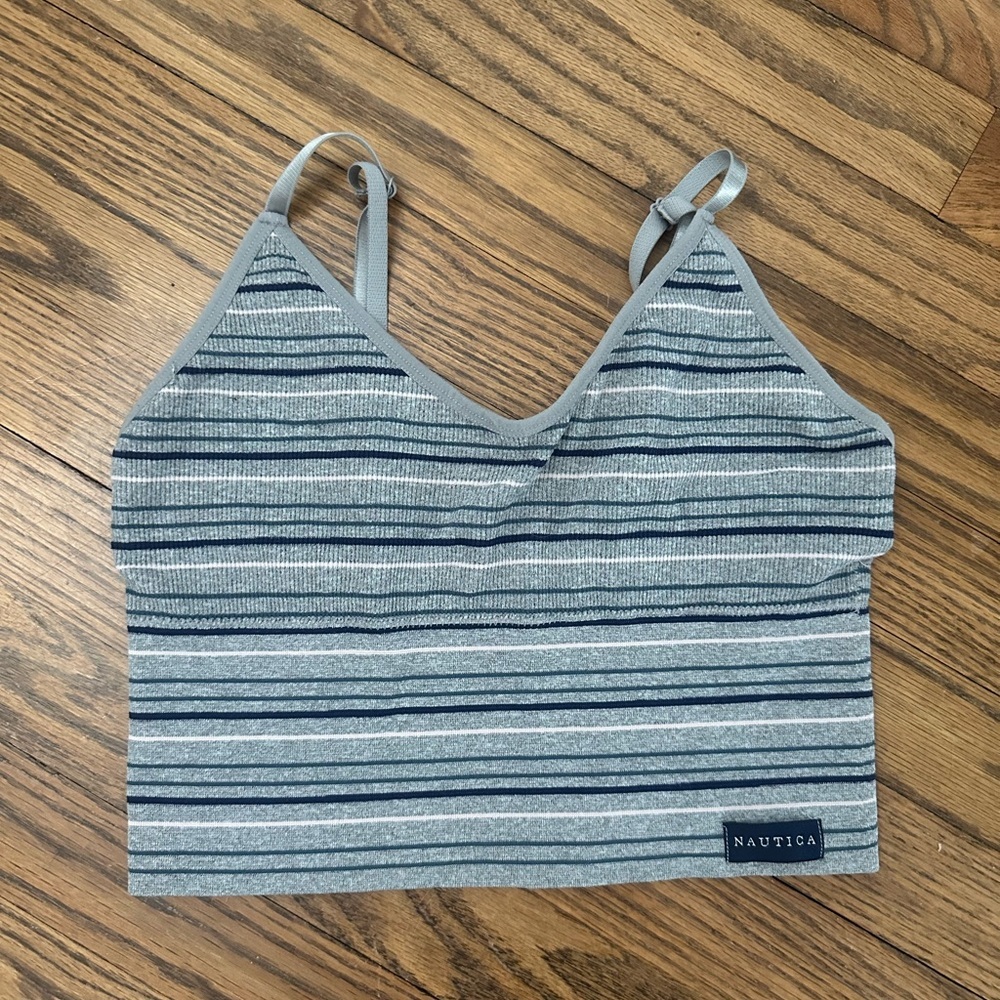 Nautical Striped Cami Crop Top Size Small Gray and Pink Ribbed